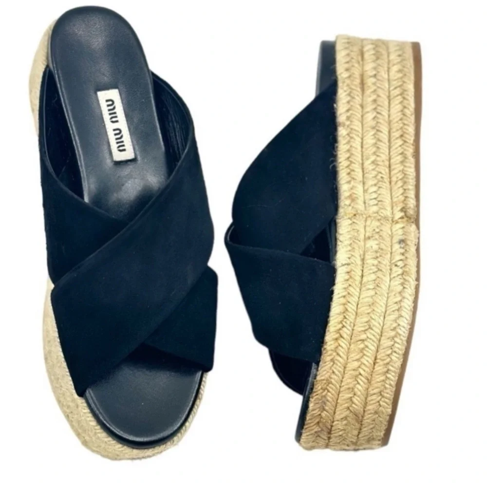MIU MIU Suede Espadrille Platform Slip on Slides Sandals Black size 8 NEW